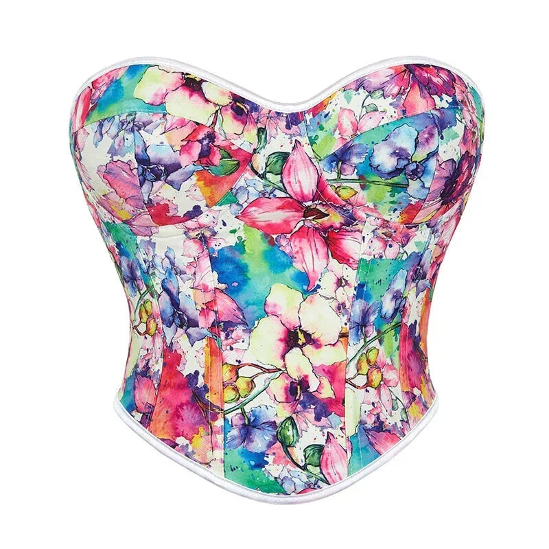 Floral Print Lace Bustier Plus Size S-Xxl Strapless Corset With Boning And Lace-Up Closure - L