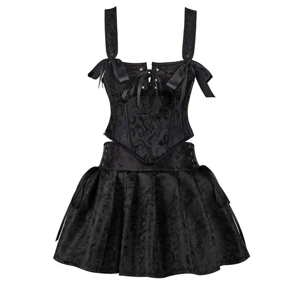 Floral Jacquard Lace-Up Boned Corset Dress With Fishbone Support And Gothic Crop Top Skirt Set - M