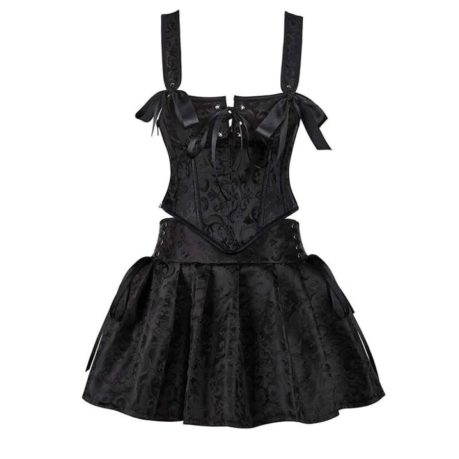 Floral Jacquard Lace-Up Boned Corset Dress With Fishbone Support And Gothic Crop Top Skirt Set - Xl