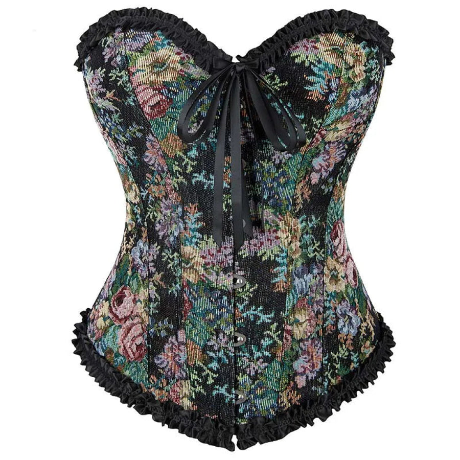 Rose Print Denim Jeans Corset Black Plus Size Burlesque Renaissance Vintage - M