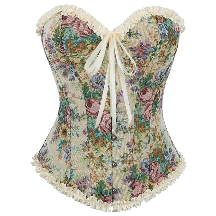 Floral Lace Trim Overbust Corset Women 1920S Retro Bustier With Boning And Front Busk Closure - 526 - Xxl