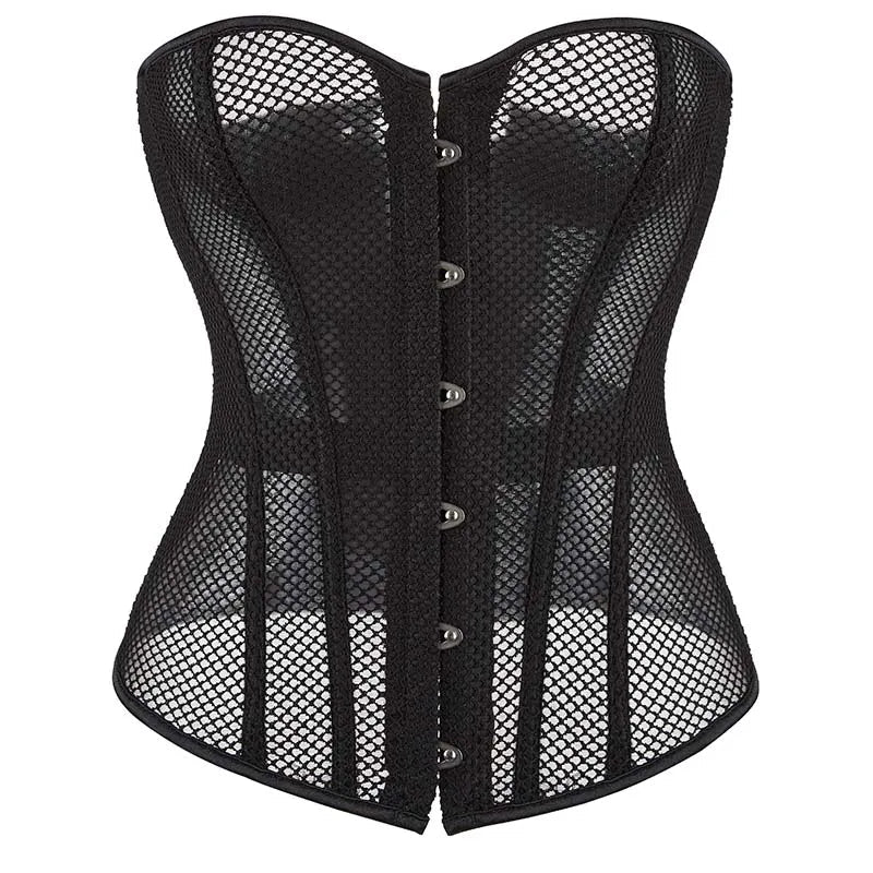 Transparent Gothic Corset With Thong Plus Size S-6Xl Mesh Net Lingerie Bustier - Xl