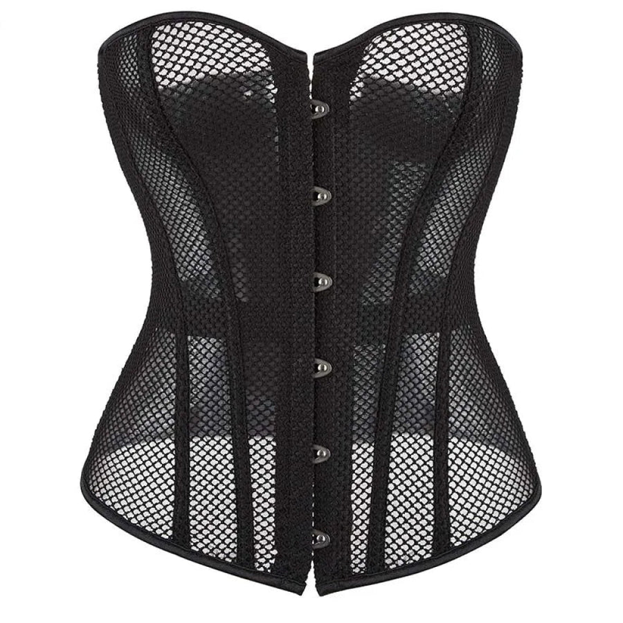 Fish Bone Gothic Mesh Net Patchwork Satin Overbust Corset Plus Size Xs-6Xl - S