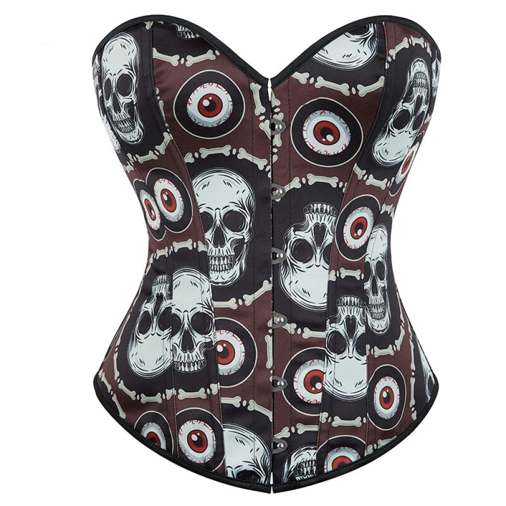 Skull Print Gothic Corset Front Busk Closure Lace Up Boned Plus Size Xs-Xl - S