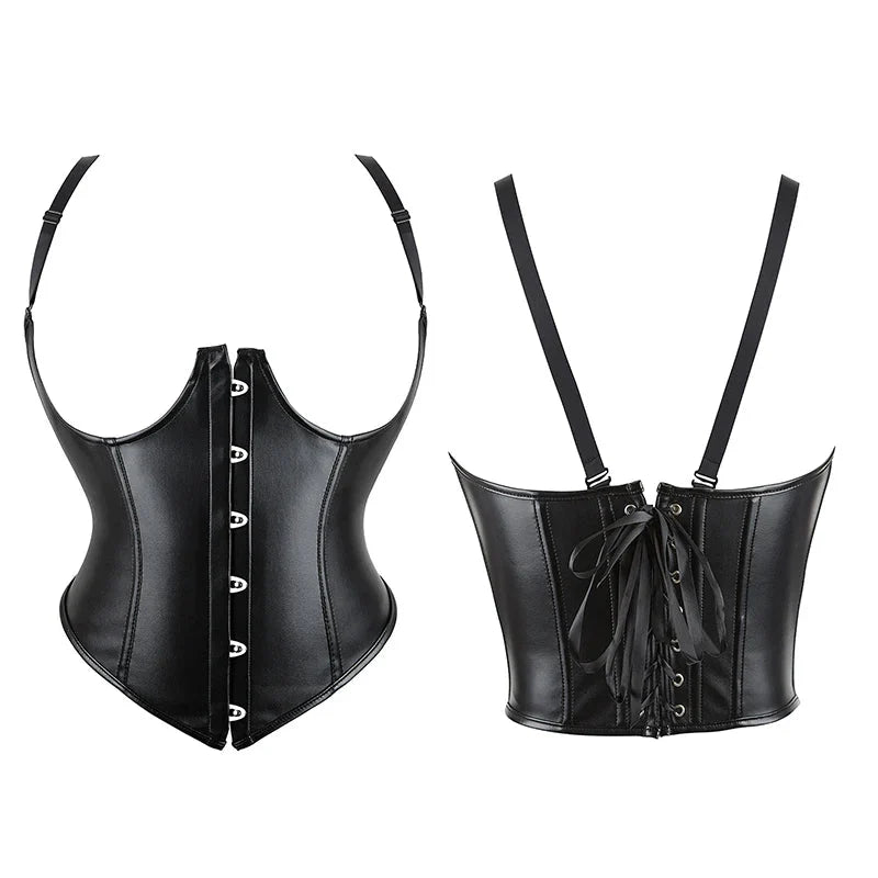 Plus Size Black Leather Corset Waist Trainer Vest With Strap 10 Plastic Bones S-6Xl - S