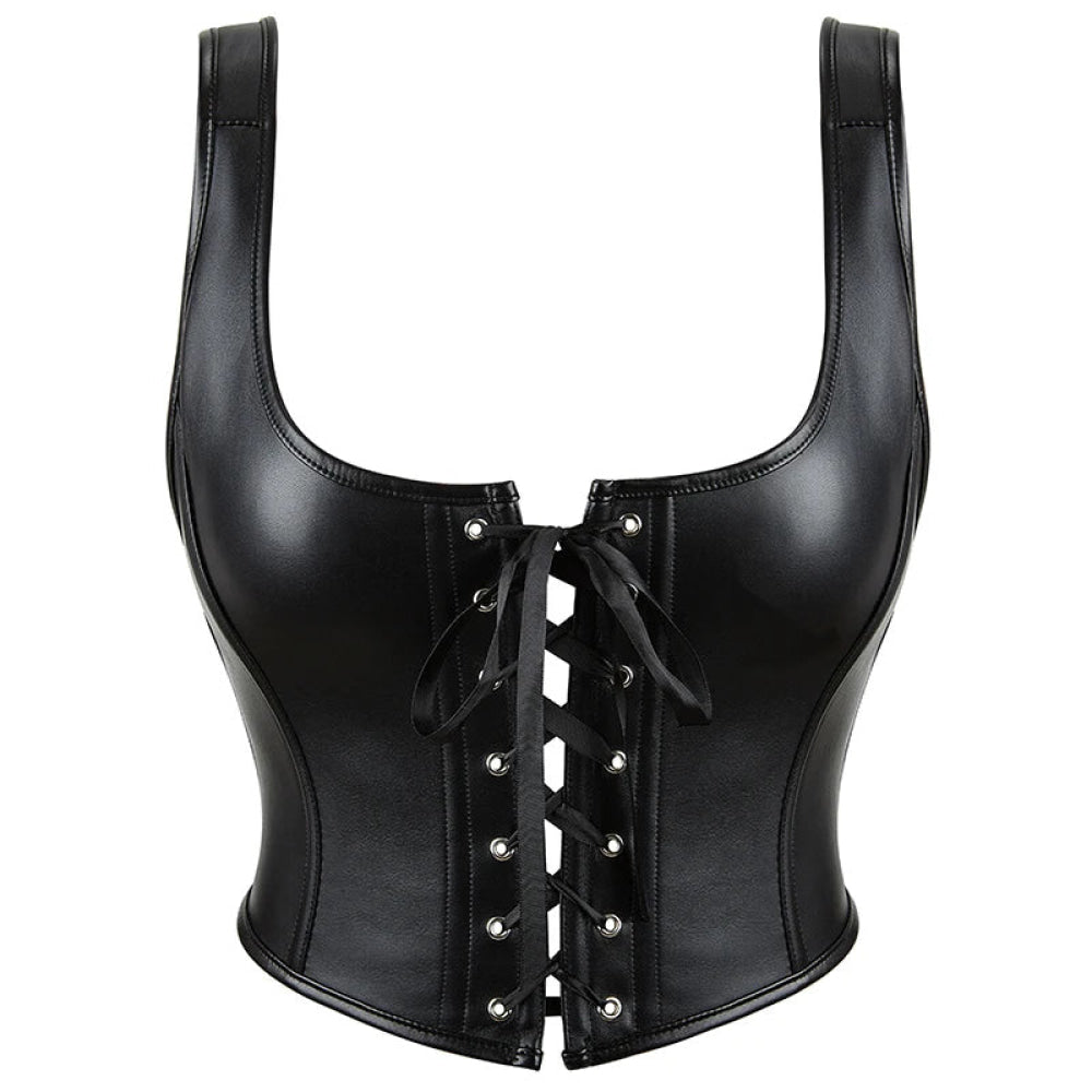 12-Bone Shoulder Strap Corset Crop Top Synthetic Leather Lacing Ribbon Bandaged Design Women - 5Xl