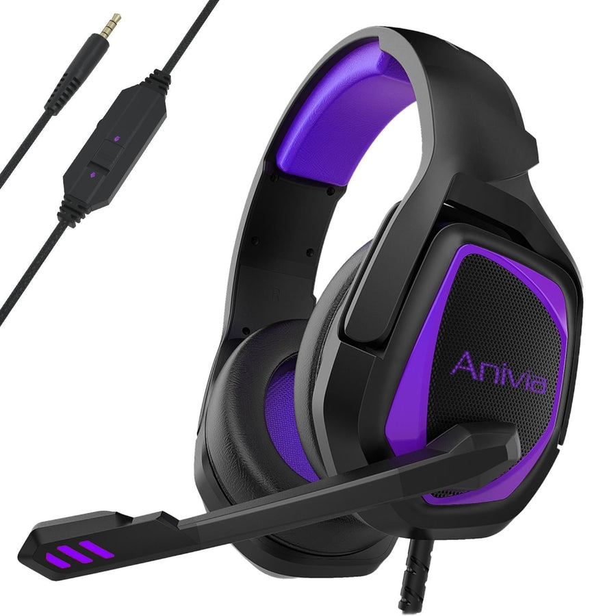 Retractable Mic Gaming Headset 3.5Mm Plug 2.2M Cable - Black Purple