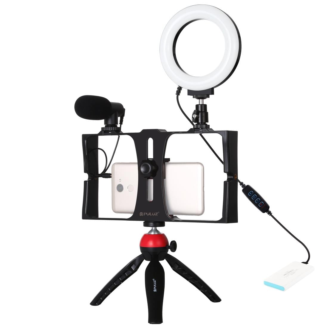 Vlogging Live Broadcast Smartphone Video Rig With Led Selfie Light Microphone Tripod Mount And Cold Shoe Head - Blue - P