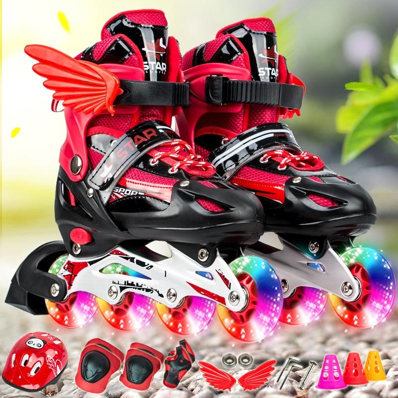 Adjustable Kids Roller Skates Set - Full Flash Single Four-wheel - Size l - Red