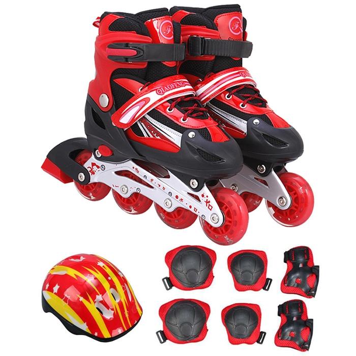 Flash Straight Row Roller Skating Shoes Suit for Kids and Adults - Medium Size - Red