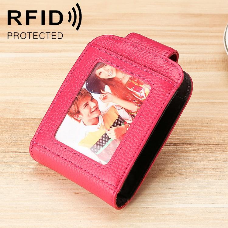 Women Vertical Cowhide Leather Rfid Wallet - Rose Red