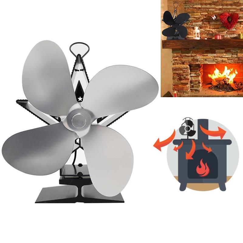 Efficient 4-blade Heat-powered Stove Fan - Aluminum - Silver