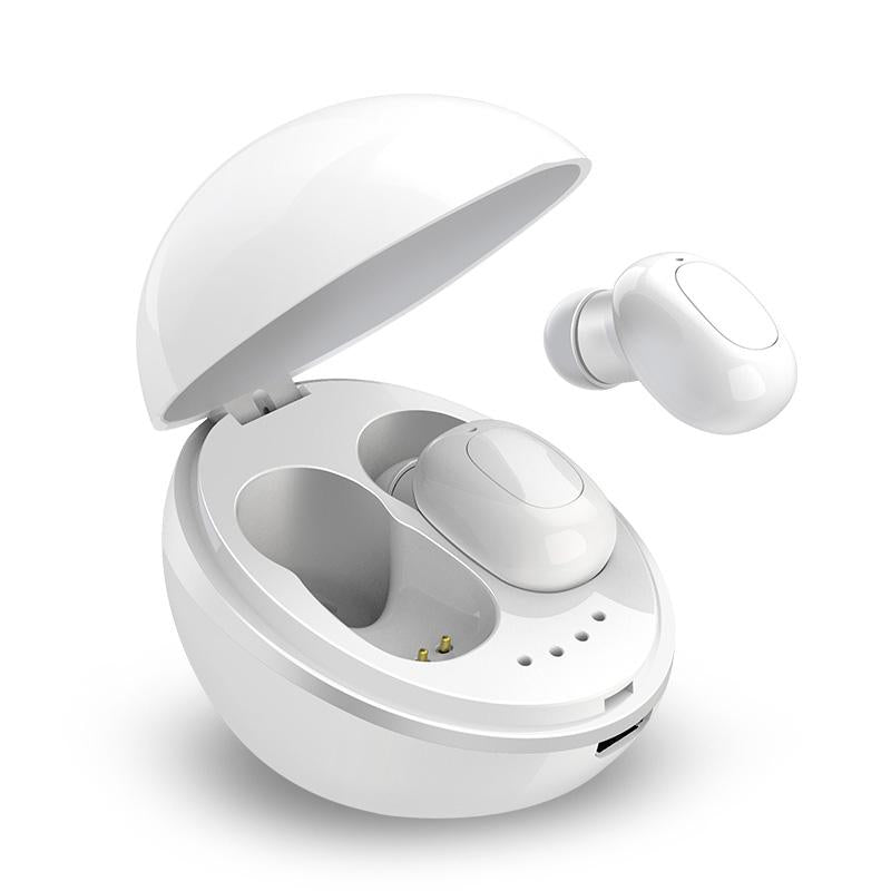 Wireless Bluetooth Earphones - Space Capsule Shape with Magnetic Charging Box & Lanyard - White