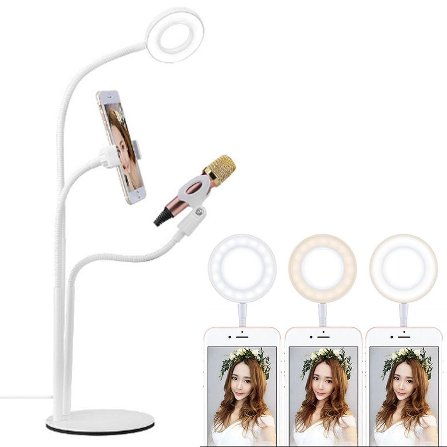 Universal Cell Phone Holder with Selfie Ring Light Microphone Clip & 3-colour Light Adjustment for Studio Recording Live