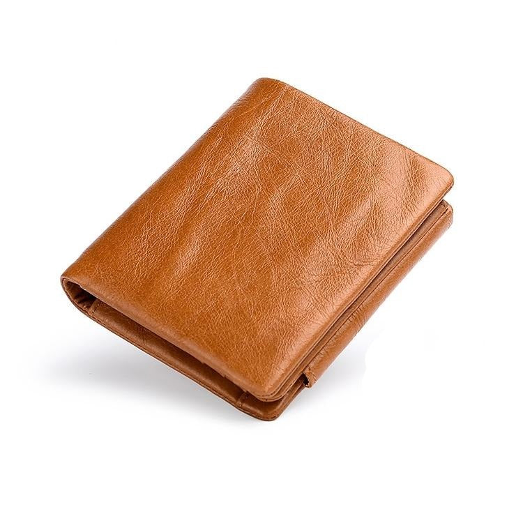 Multi-functional Oil Wax Leather Rfid Wallet - Brown