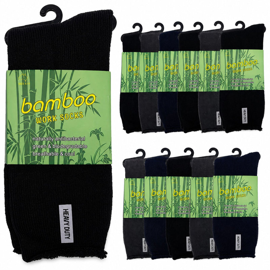 12 Pairs Bamboo Rich Mens Work Socks Thick Cushion Anti Odour - Assorted - 6-11