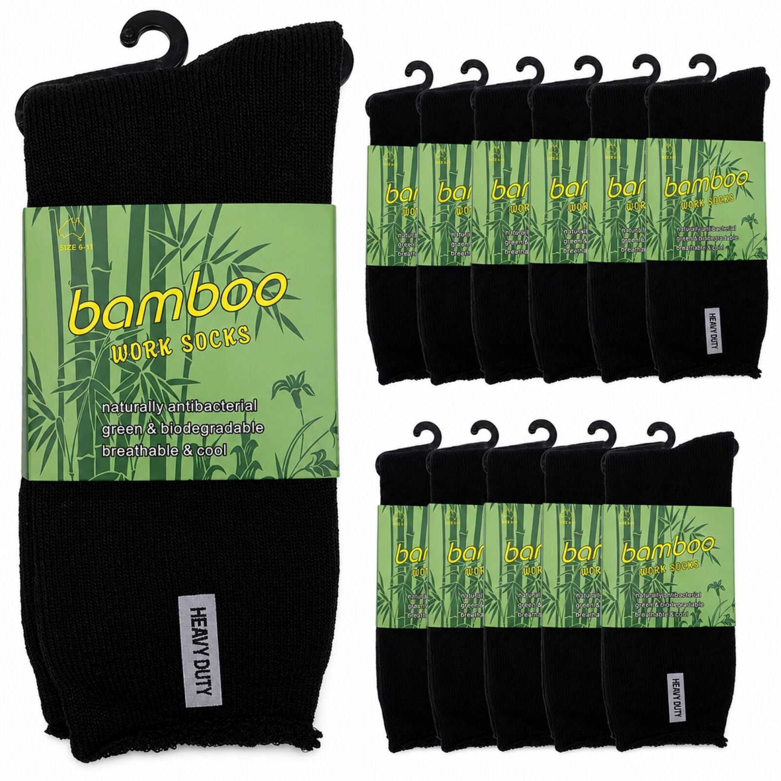 12 Pairs Bamboo Rich Mens Work Socks Thick Cushion Anti Odour - Black - 11-14