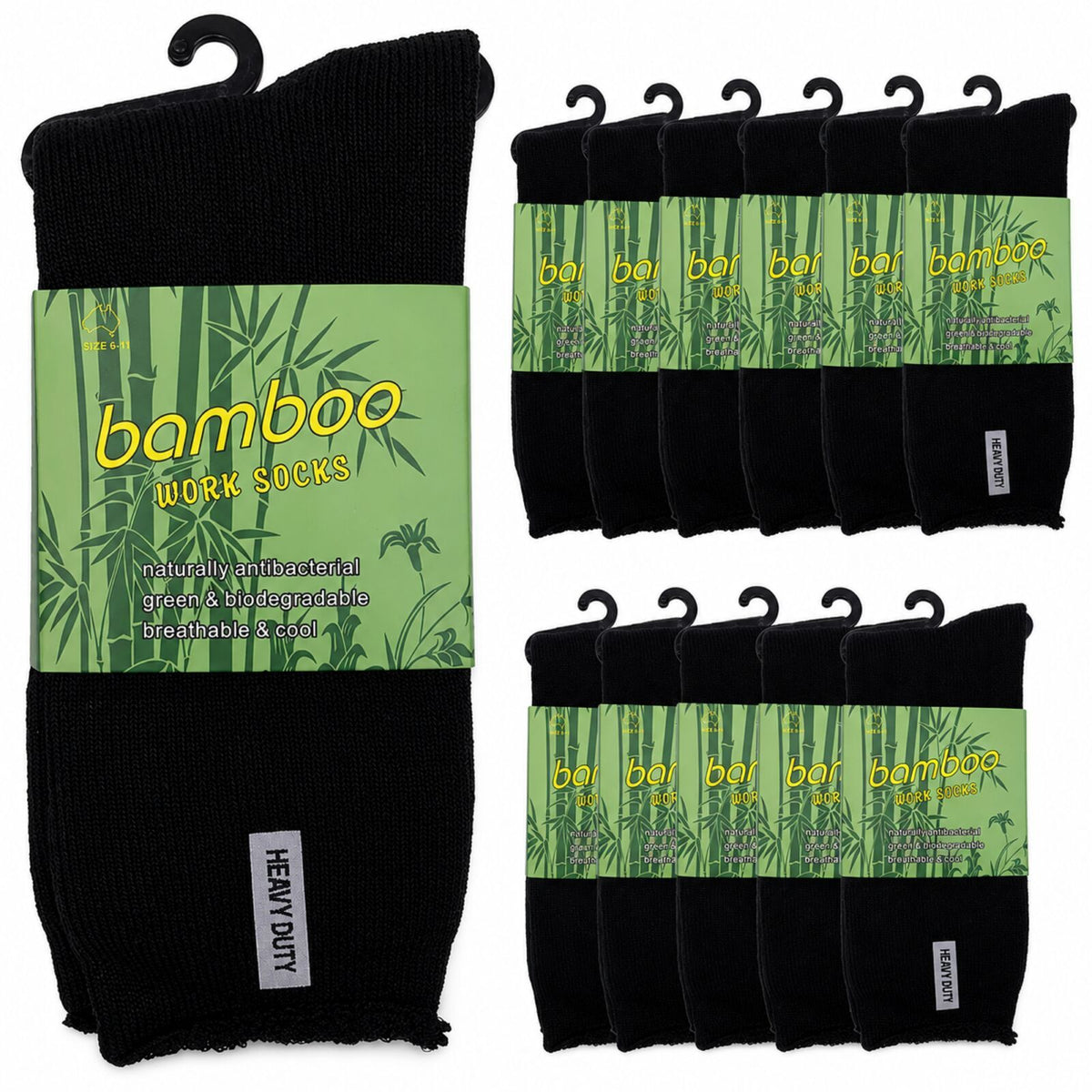 12 Pairs Bamboo Rich Mens Work Socks Thick Cushion Anti Odour - Black - 11-14