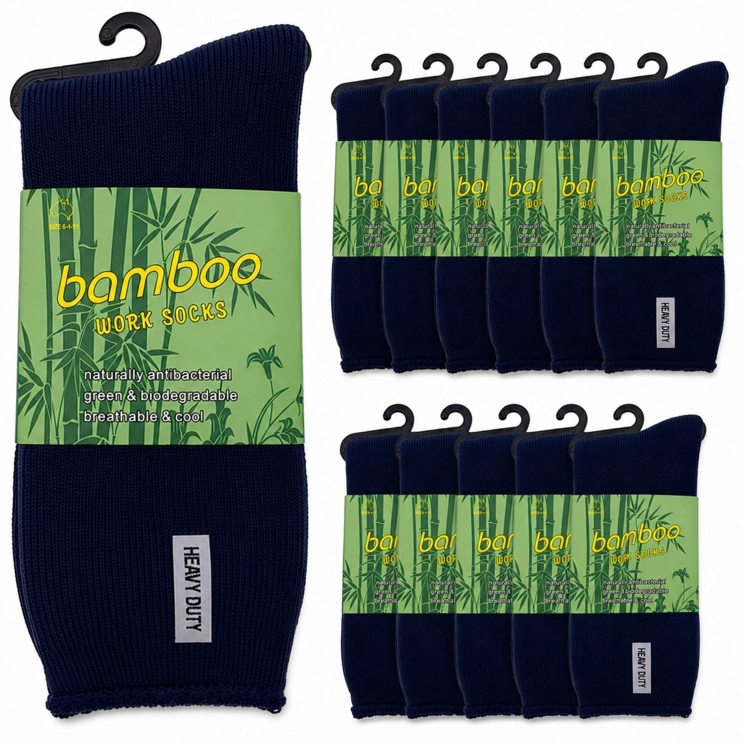 12 Pairs Bamboo Rich Mens Work Socks Thick Cushion Anti Odour - Navy Blue - 11-14