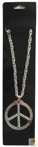 PEACE Sign Metal Necklace Chain Hippie Costume Party Pendant Chain Jewellery 70s 60s - Silver