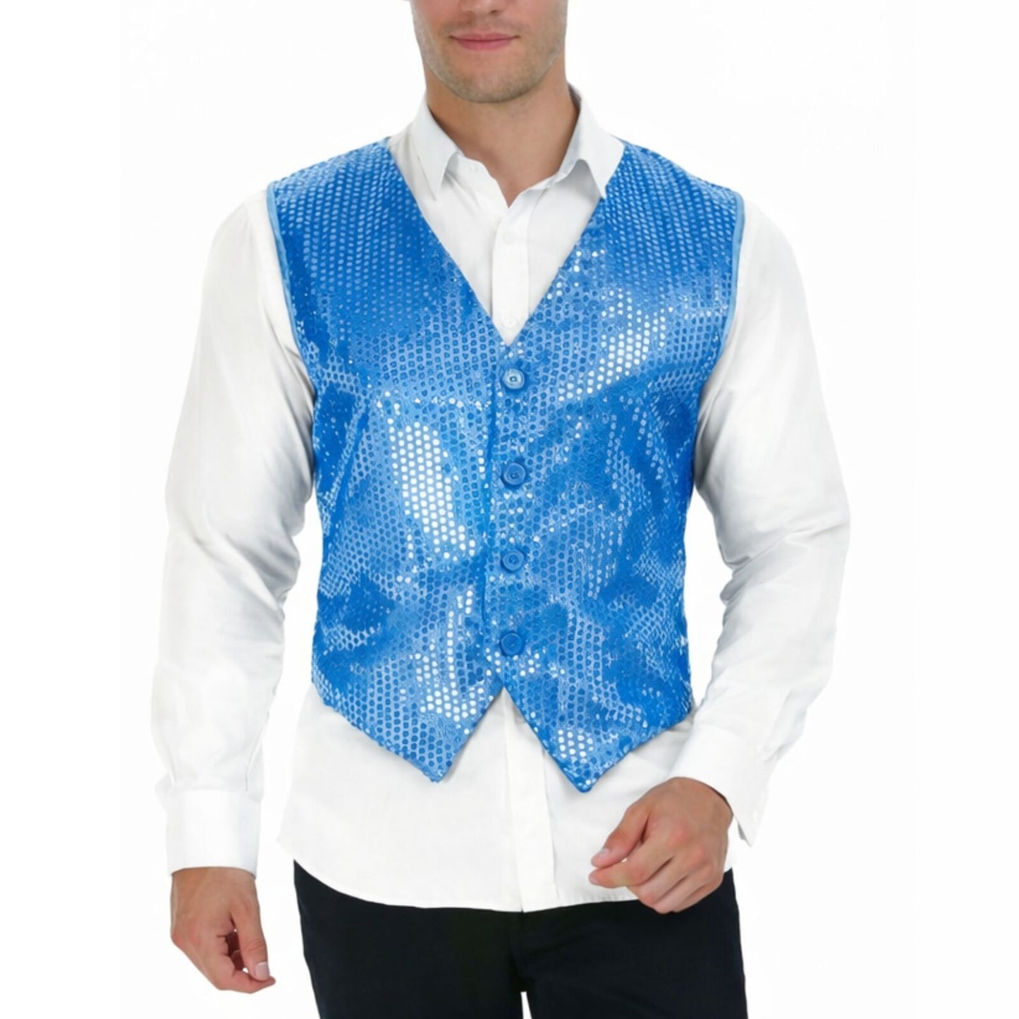 Mens Sequin Vest Waistcoat Disco Sparkle Costume Dance Party - Light Blue