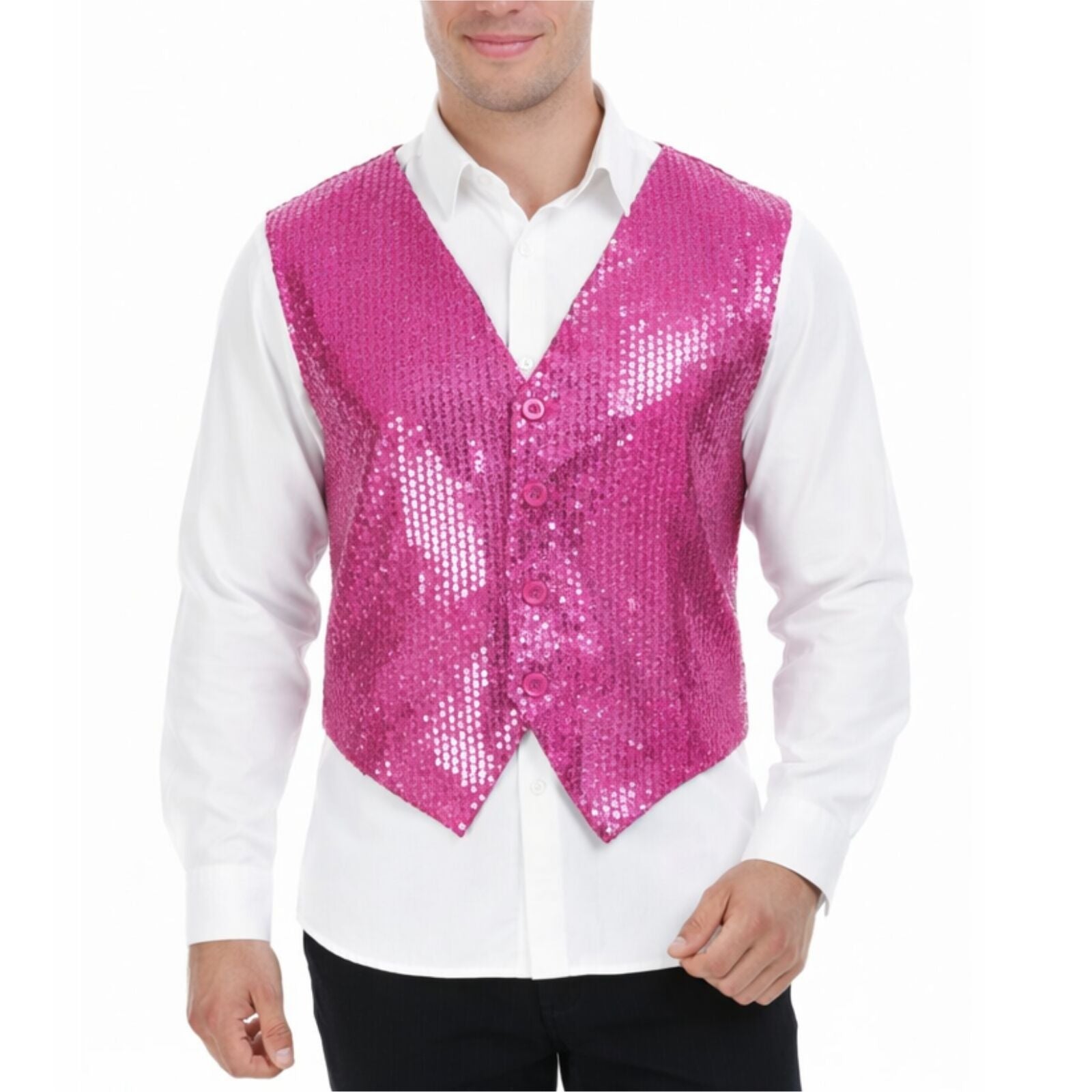 Mens Sequin Vest Waistcoat Disco Sparkle Costume Dance Party One Size - Pink