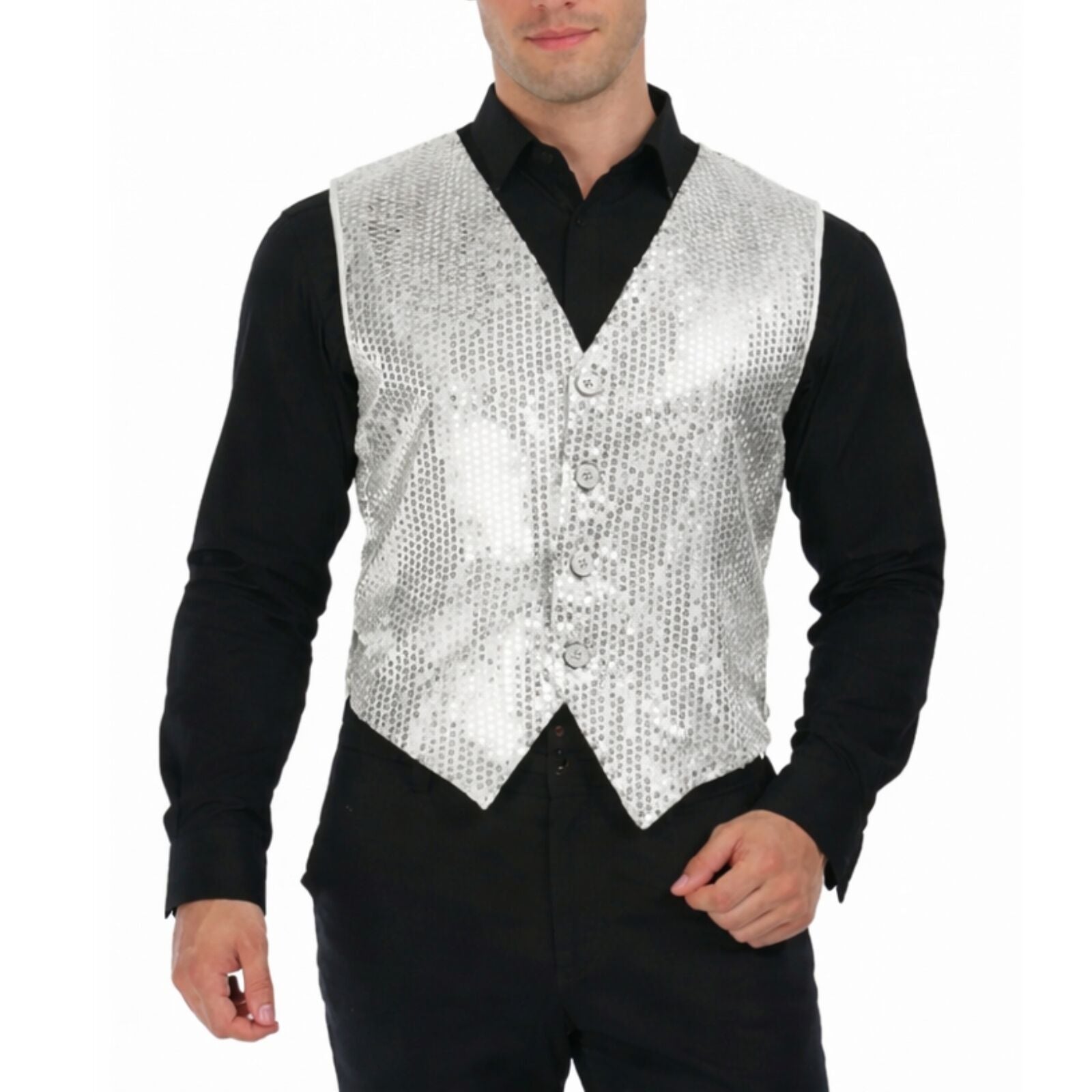 Mens Sequin Vest Waistcoat Disco Sparkle Costume Dance Party One Size - Silver