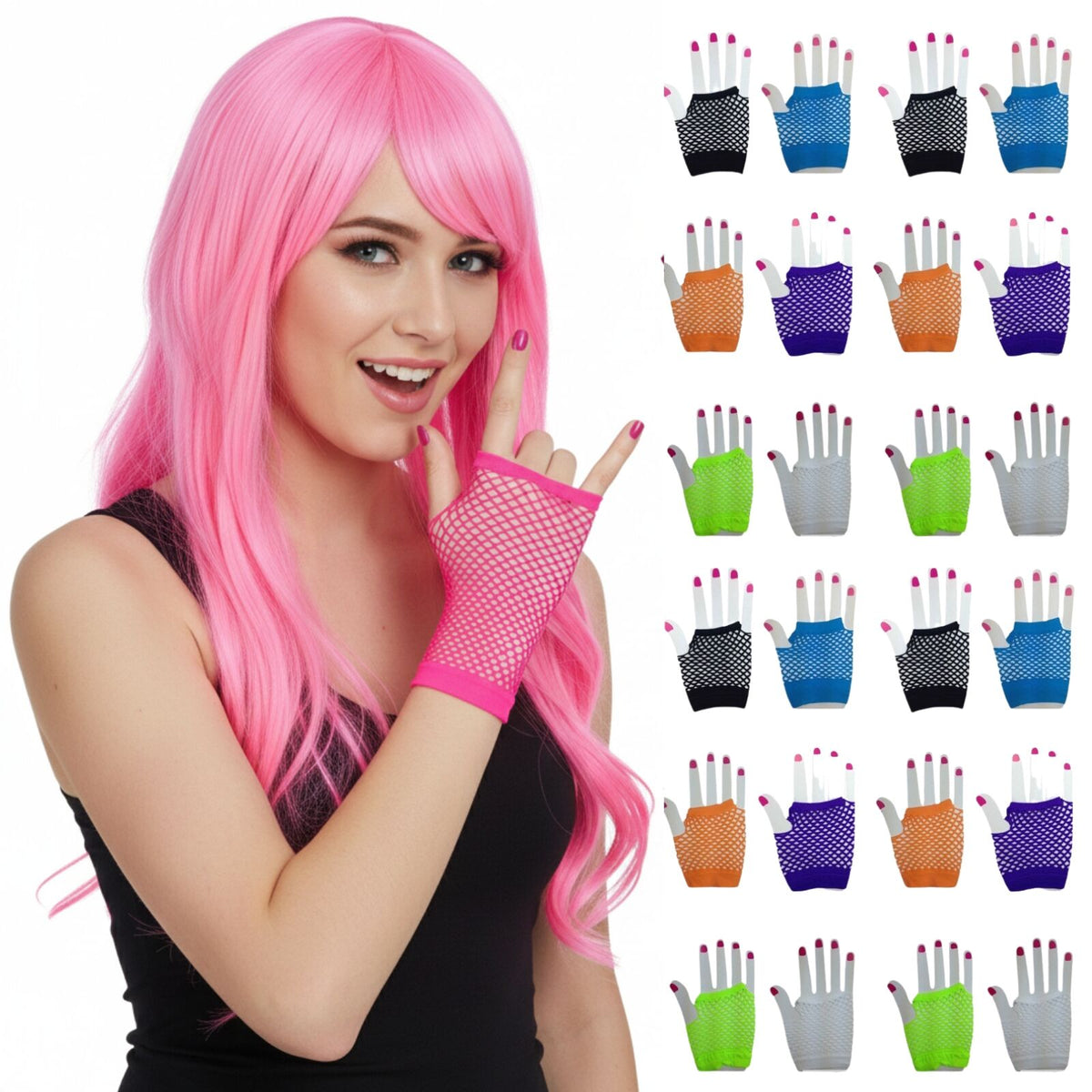 24x Fishnet Gloves Fingerless Wrist Length 70s 80s Womens Costume Party Bulk - Assorted Colour Pack