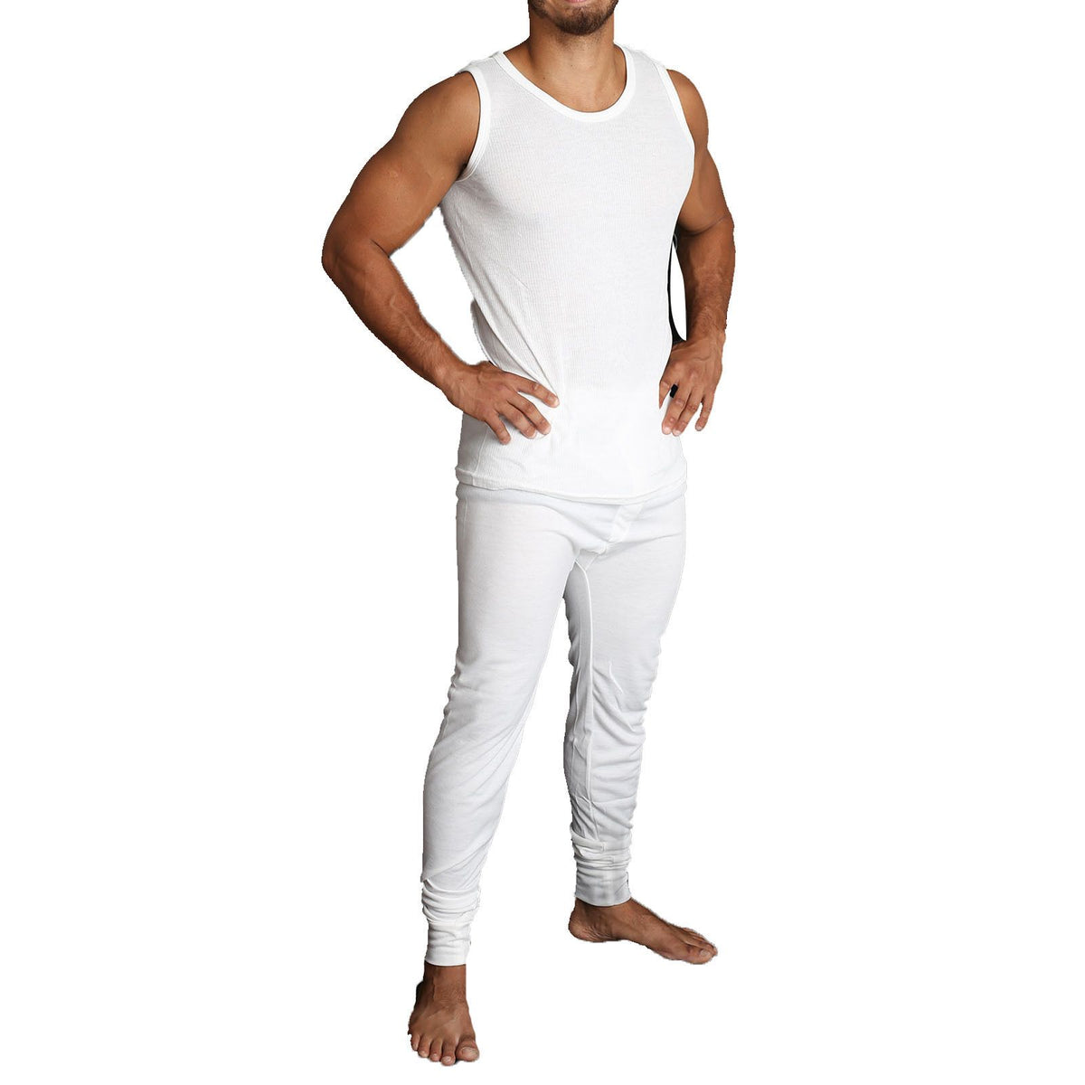 2pcs Set Mens Merino Wool Blend Thermal Singlet Top & Pants Underwear Thermals - Beige - XL
