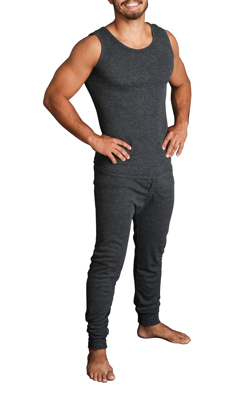 2pcs Set Mens Merino Wool Blend Thermal Singlet Top & Pants Underwear Thermals - Black - S