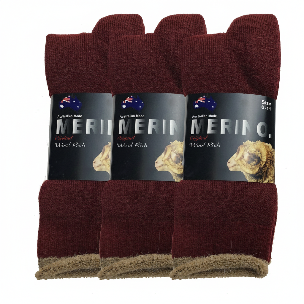 3 Pairs MERINO WOOL SOCKS Mens Heavy Duty Premium Thick Work Socks Cushion in Burgundy