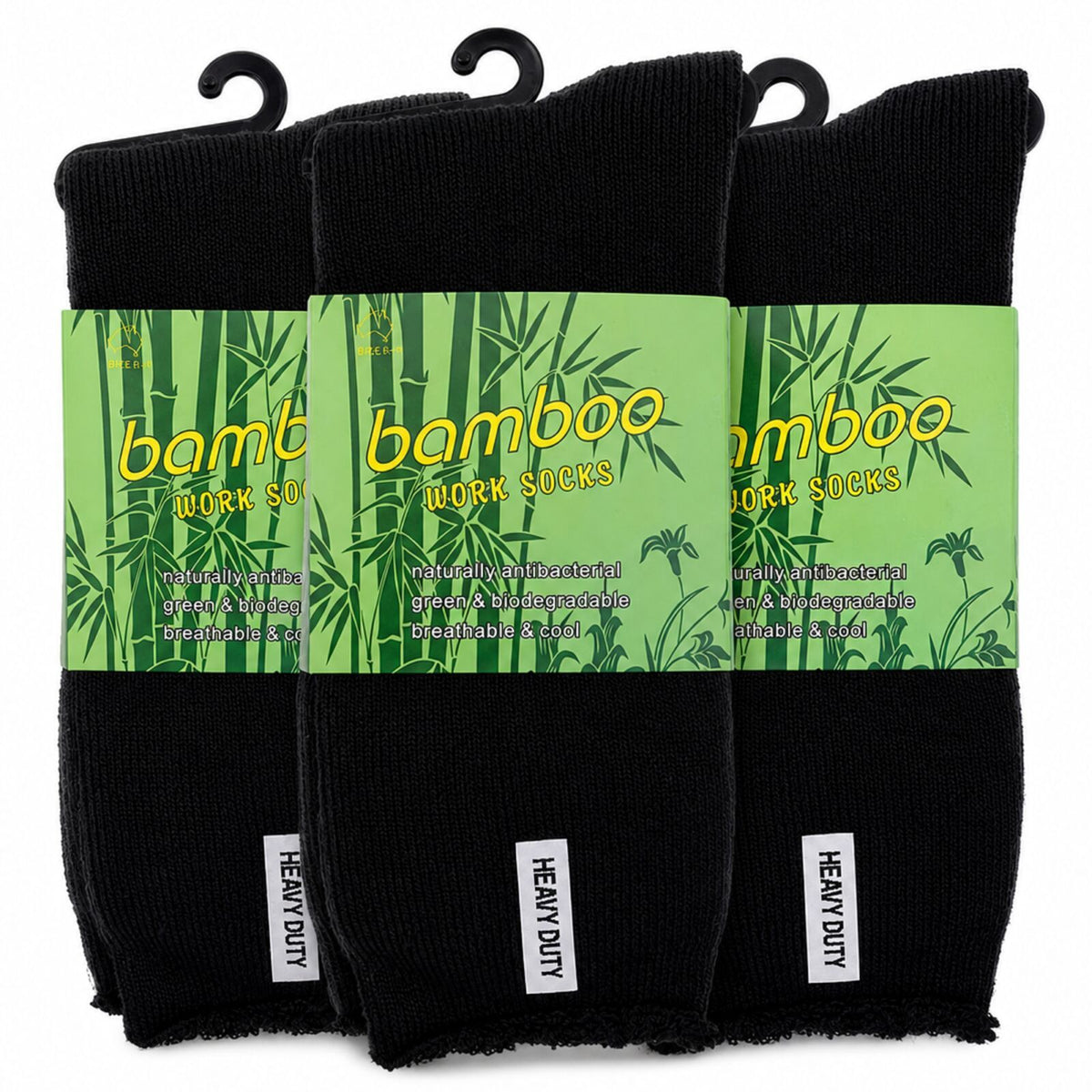 3 Pairs Mens Bamboo Rich Work Socks Thick Cushioned Anti Odour - Black - 6-11