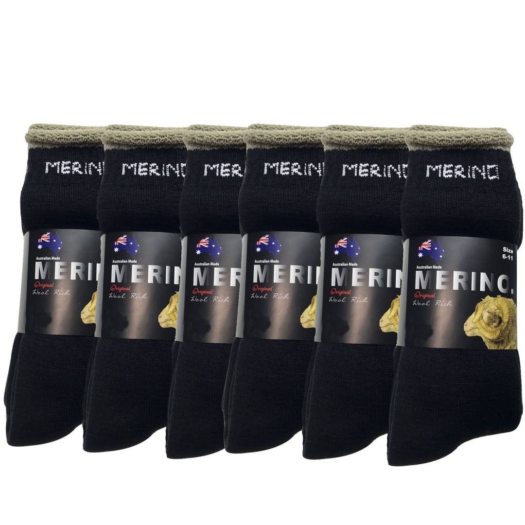 6 Pairs MERINO WOOL SOCKS Mens Heavy Duty Premium Thick Work Socks Cushion BULK - Black - 6-11