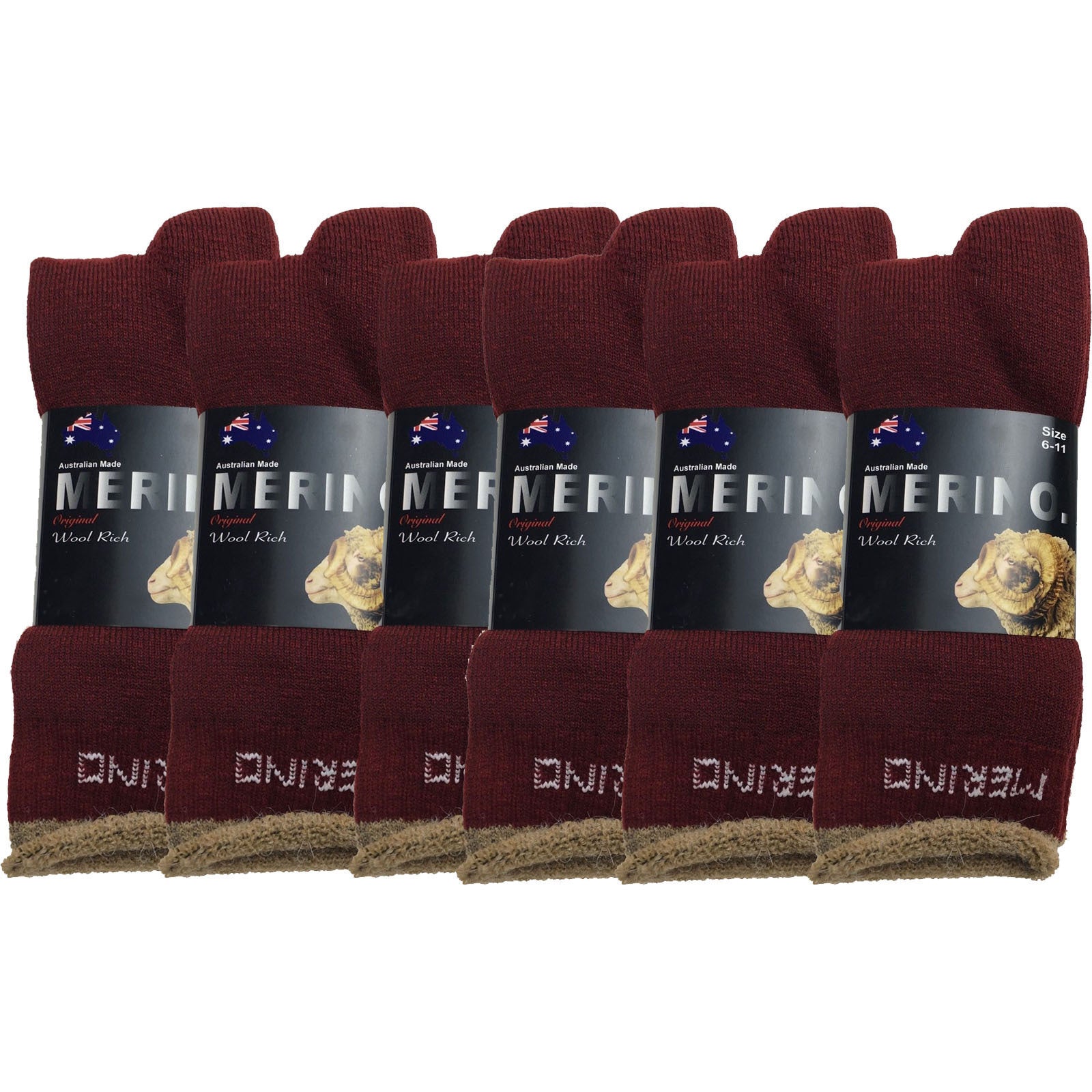 6 Pairs MERINO WOOL SOCKS Mens Heavy Duty Premium Thick Work Socks Cushion BULK - Burgundy - 6-11