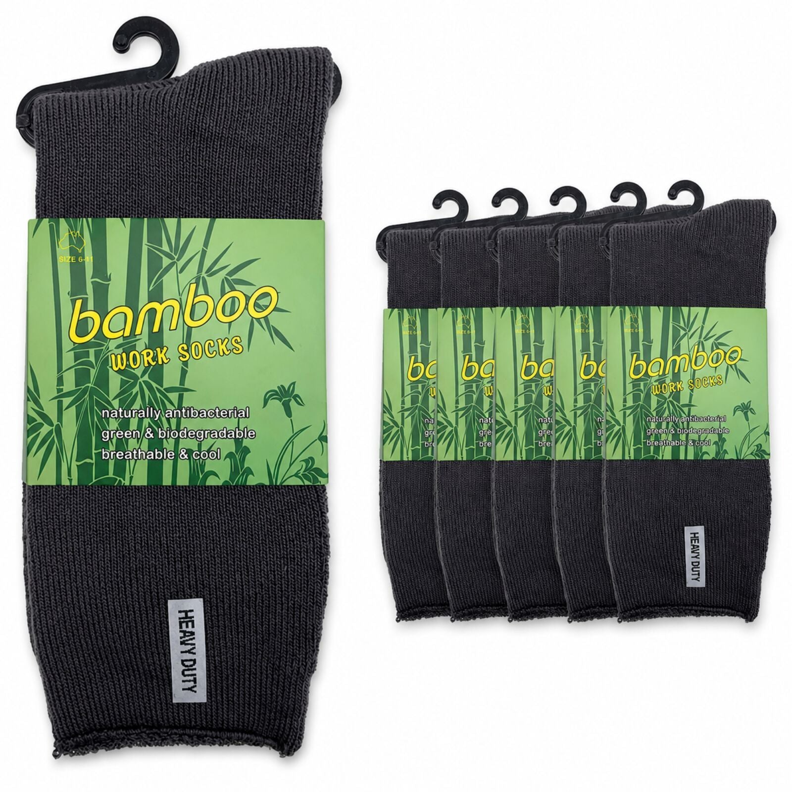 6 Pairs Mens Bamboo Rich Work Socks Thick Cushioned Anti Odour - Charcoal Grey - 6-11