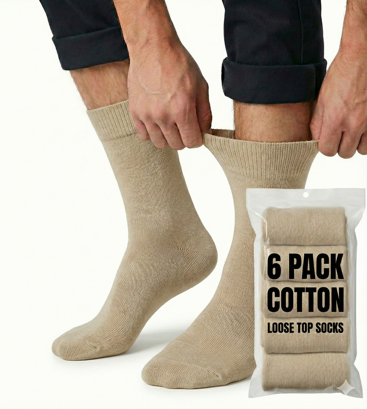 6x Pair COTTON Rich LOOSE TOP SOCKS Circulation Diabetic Comfort in Beige - 2-8