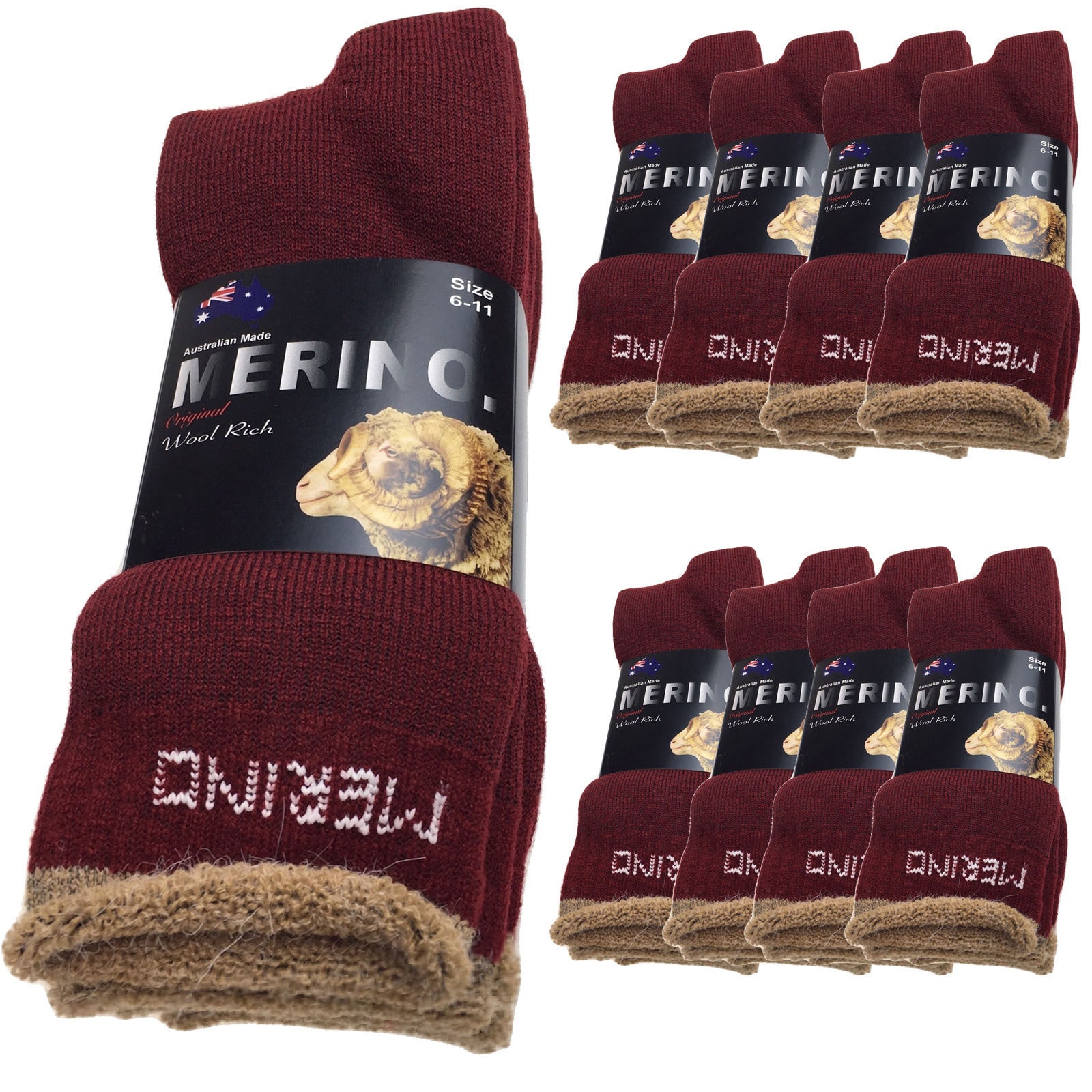 9 Pairs MERINO WOOL SOCKS Mens Heavy Duty Premium Thick Work Socks Cushion BULK - Burgundy - 11-14