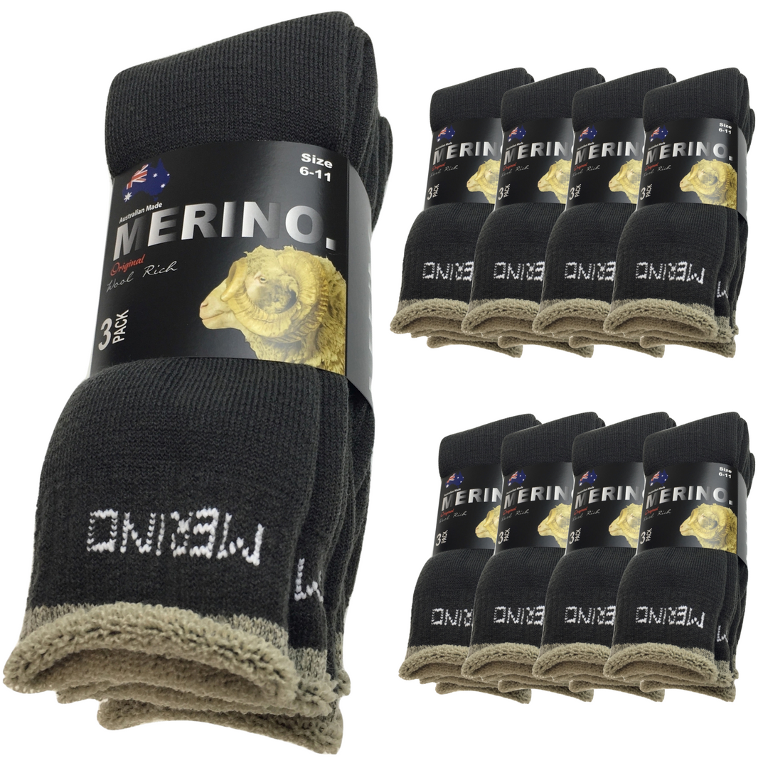 9 Pairs MERINO WOOL SOCKS Mens Heavy Duty Premium Thick Work Socks Cushion BULK - Olive - 11-14
