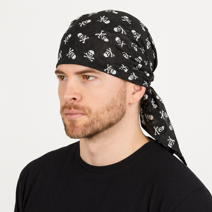 BANDANA Paisley 100% COTTON Head Wrap Durag Bandanna Summer Biker Scarf Mask - Black with White Skulls