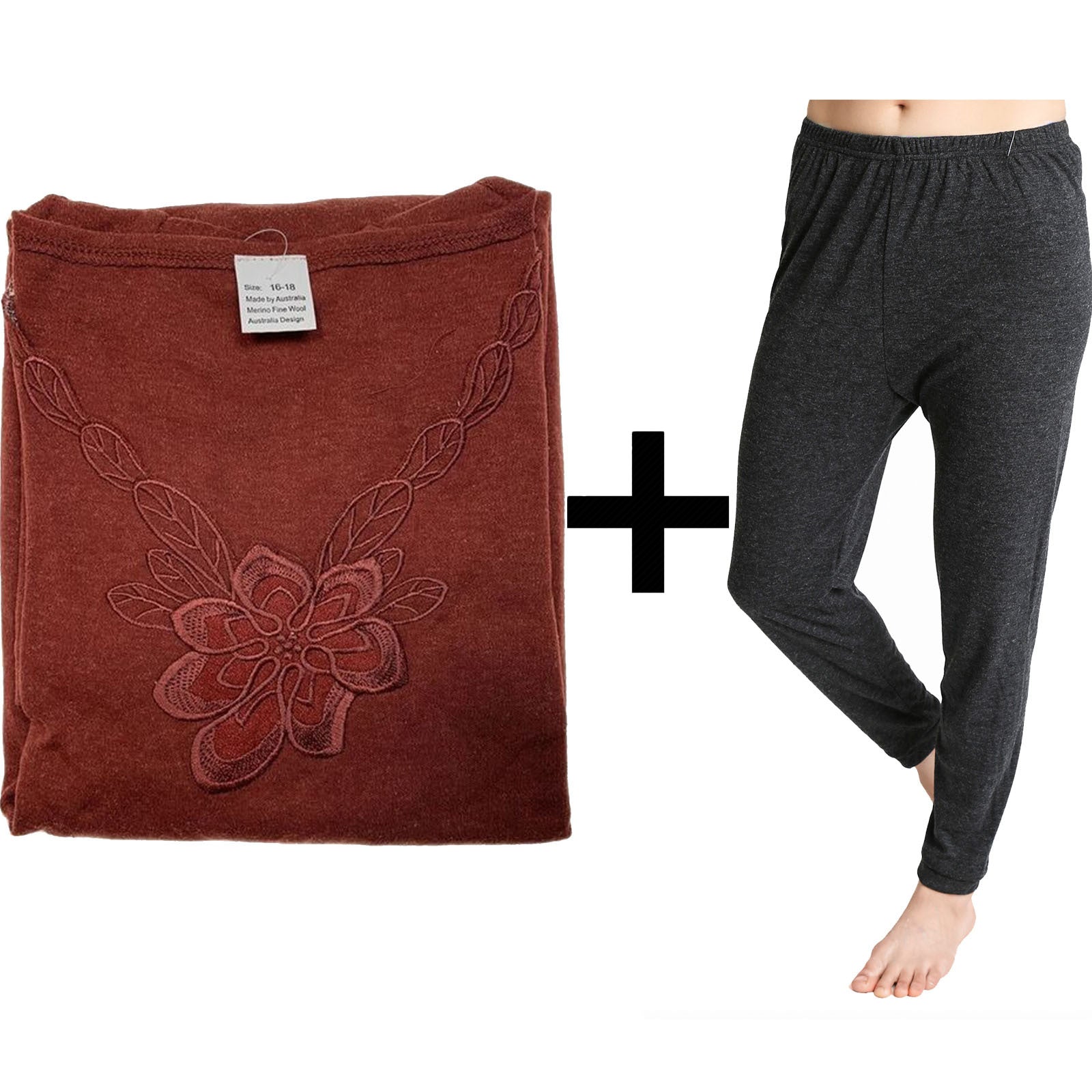 2pcs Set Womens Merino Wool Blend Pants & Top Underwear Leggings Thermal Thermals - Burgundy Top & Black Pants - 20-22