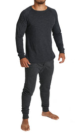 2pcs Set Mens Merino Wool Blend Long Sleeve Thermal Top & Long Johns Pants Underwear - Black - L