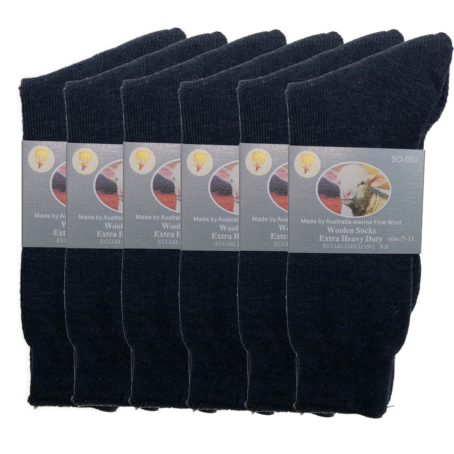 6 Pairs Merino Wool Blend Woolen Work Socks Hiking Heavy Duty Warm Thermal Bulk - Navy - 11-14