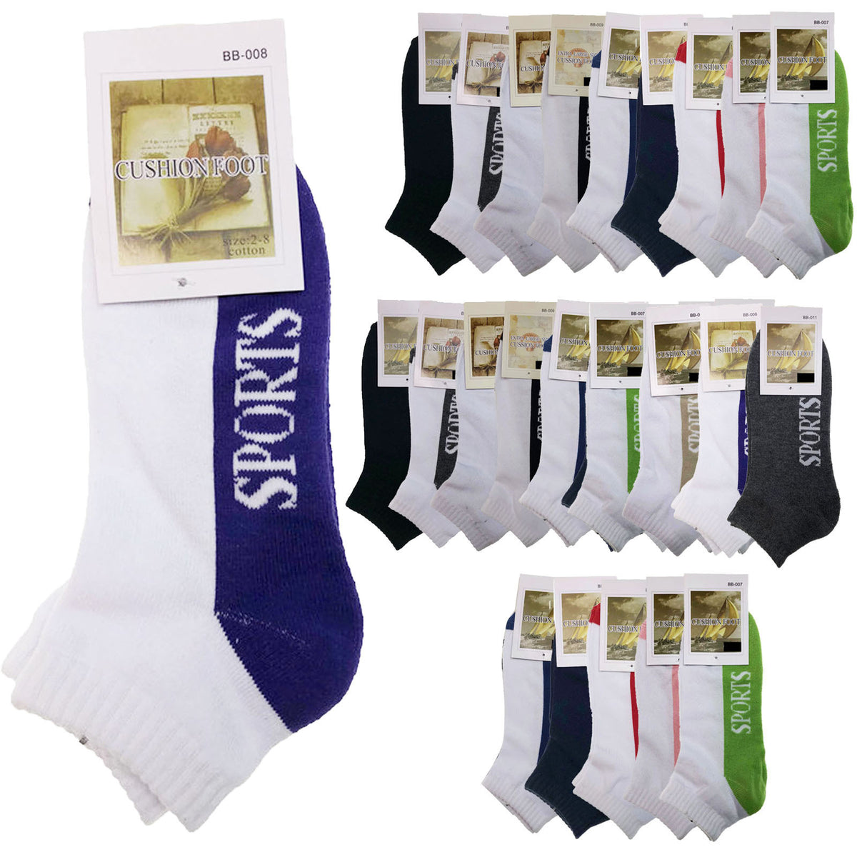 24x COTTON ANKLE SOCKS Sport Cushion Foot Low Cut Running - Assorted Colours Bulk - 2-8