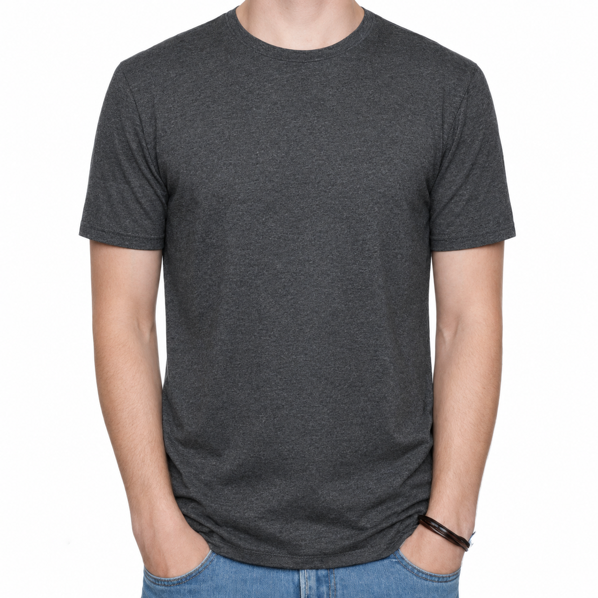 Mens COTTON STRETCH T-SHIRT Tee Top Plain Blank Adults Slim Skinny Fitted - Charcoal Grey