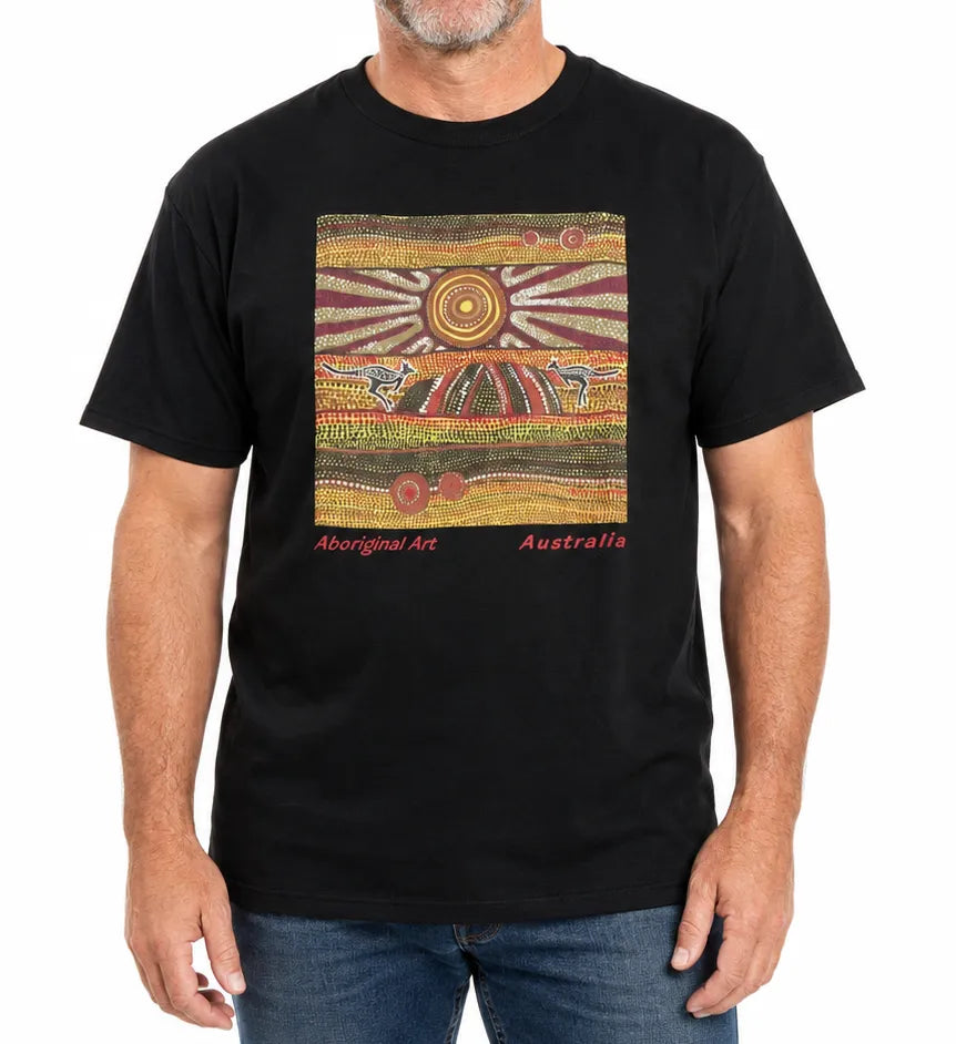 Mens Australia T Shirt Aboriginal Art 100% Cotton Souvenir Indigenous Tee in Black - XXL