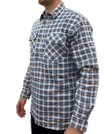 Mens Flannelette Long Sleeve Pullover Shirt 100% Cotton Flannel - Half Placket - Blue Check - M