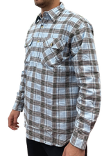 Mens Flannelette Long Sleeve Pullover Shirt 100% Cotton Flannel - Half Placket - Sky Blue/Grey Check - M