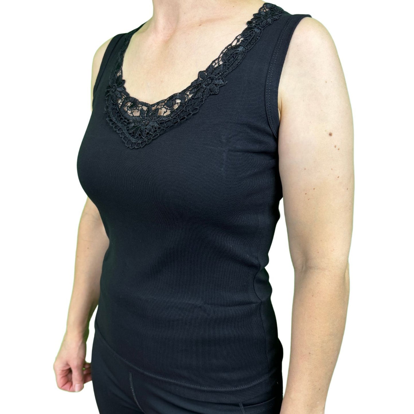Ladies Sleeveless Singlet Top Womens Summer Basic Tank Shirt Lace Motif Front - Black - 14-16