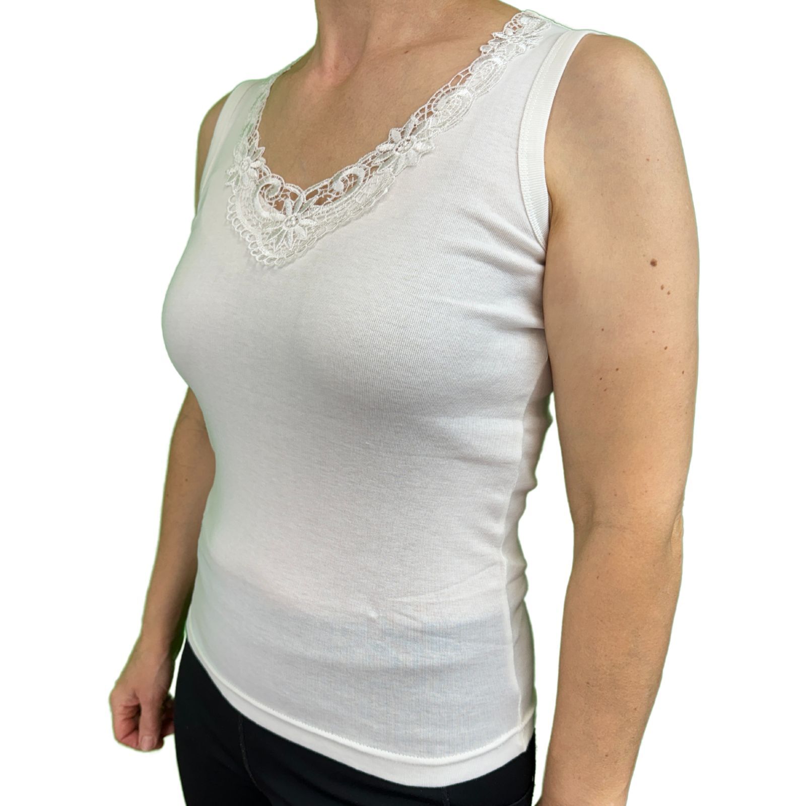 Ladies Sleeveless Singlet Top Womens Summer Basic Tank Shirt Lace Motif Front - Natural - 14-16