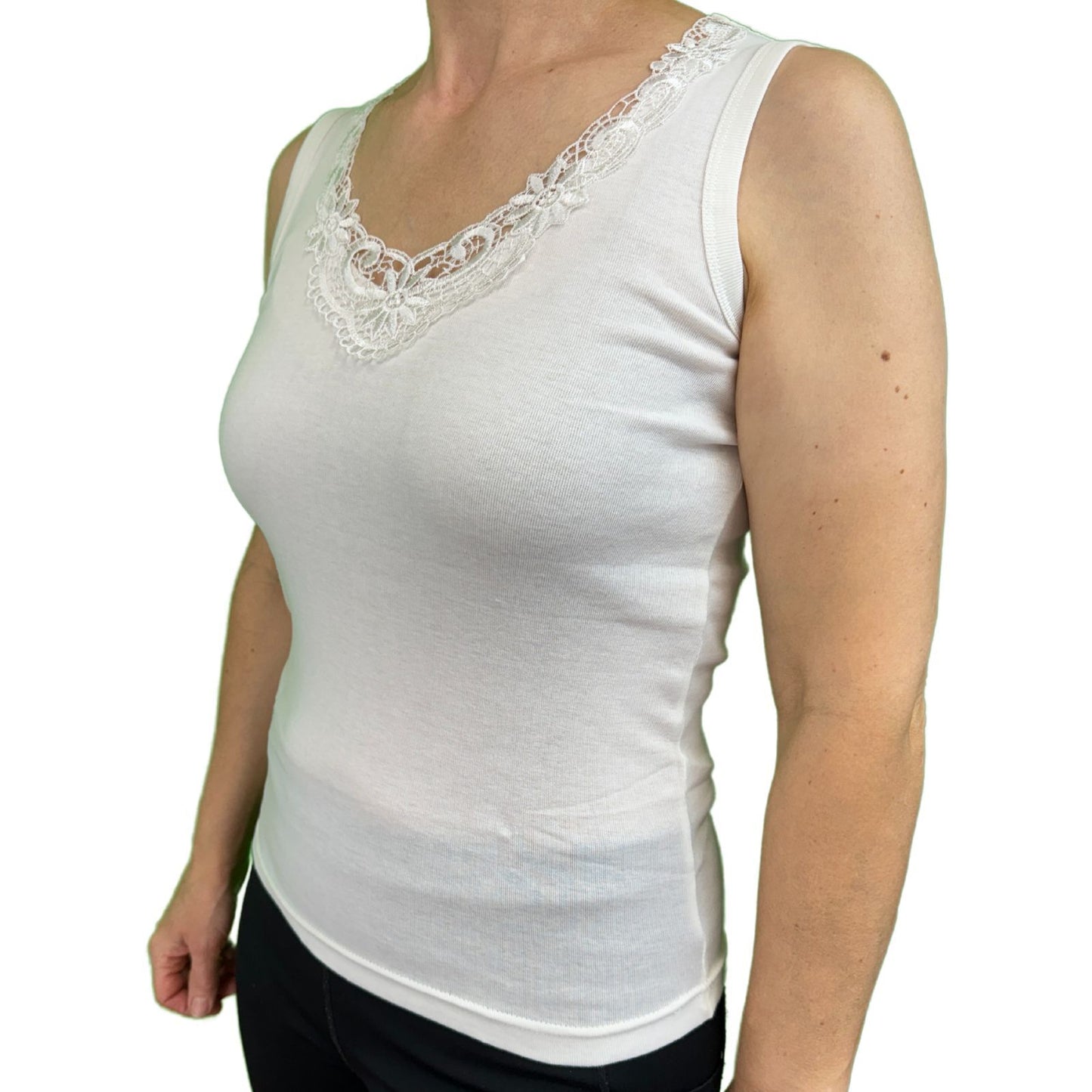 Ladies Sleeveless Singlet Top Womens Summer Basic Tank Shirt Lace Motif Front - Natural - 20-22